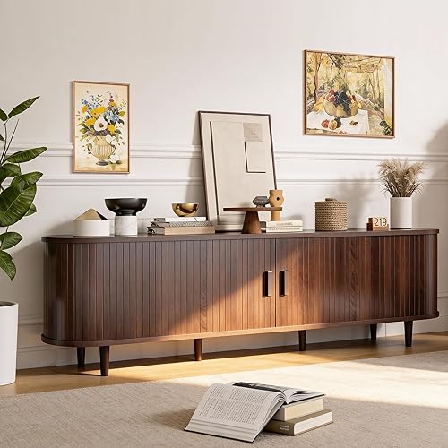 Miniatura 8 de Soporte de TV moderno de mediados de siglo de 70 pulgadas, consolas de TV de madera con puertas correderas y toma de corriente, centro de Soporte de