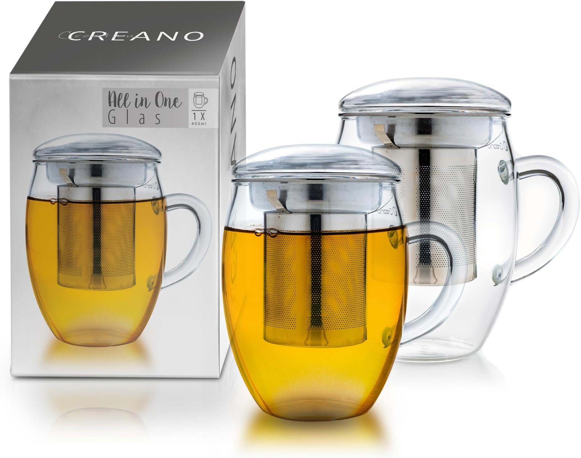 Tea Glass with Stainless Steel Infuser and Lid 400ml - Large Tea Cup - Microwave & Dishwasher Safe - Loose Leaf Tea Maker Gift Set - 2 pcs (Pack of 1)