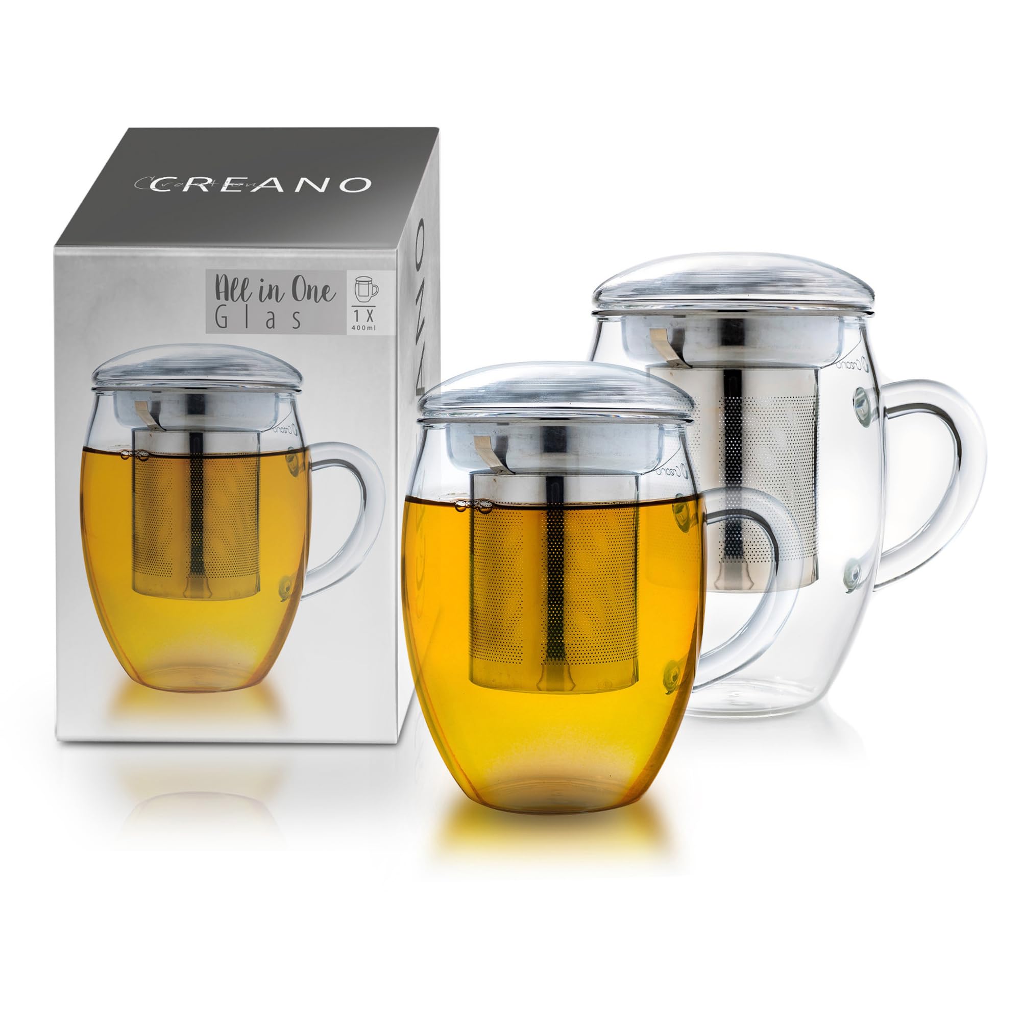 Creano 2pcs All-In-One Tea Glass with Stainless Steel Infuser and Lid - 14oz (400ml)