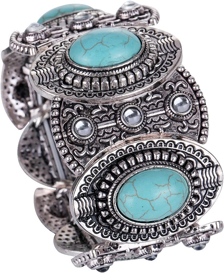Vintage Tibetan Silver Ethnic Gothic Oval Turquoise Inlay Wide Bangle Women