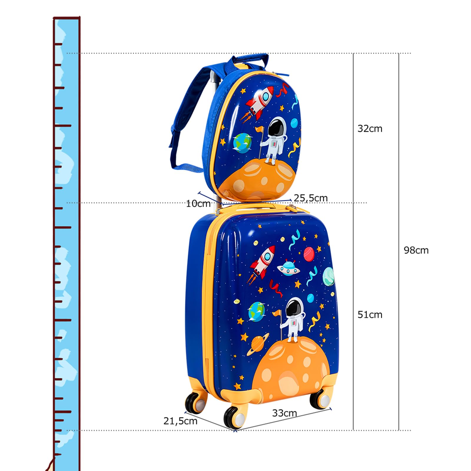 COSTWAY Maleta Infantil Niños, Equipaje de Viaje con Mochila, Equipaje Infantil con Ruedas Universales y Mango Ajustable, Juego de Mochila y Maleta Cabina Trolley