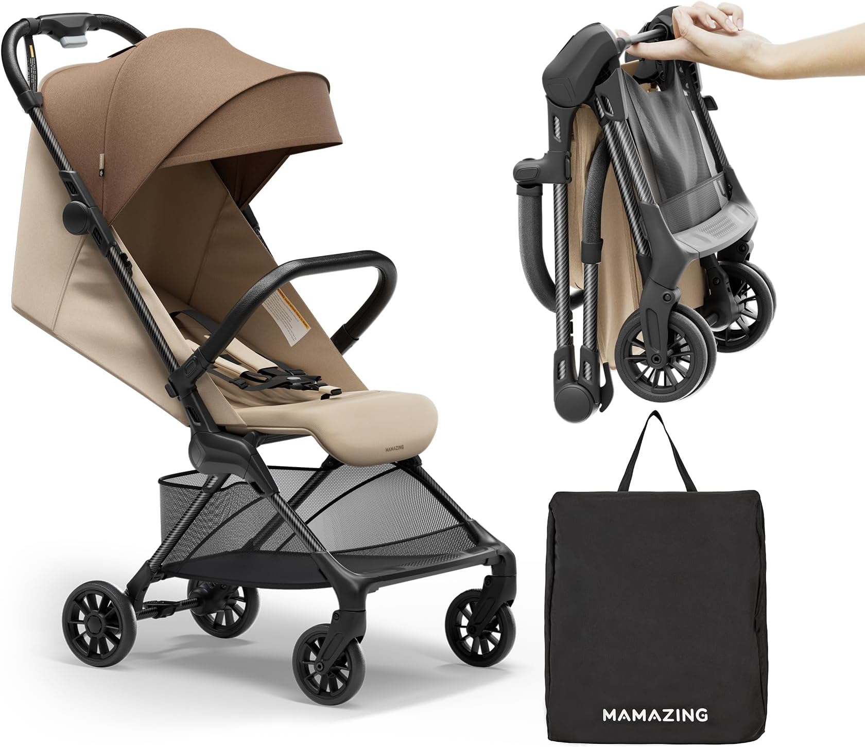 MAMAZING Lightweight Baby Strollers for Airplane, Ultra-Compact Travel Stroller, Light & Strong Portable Toddler Stroller with Carbon Fiber Frame and UPF 50+ Waterproof Fabric, Only 9.9 lbs, Brown