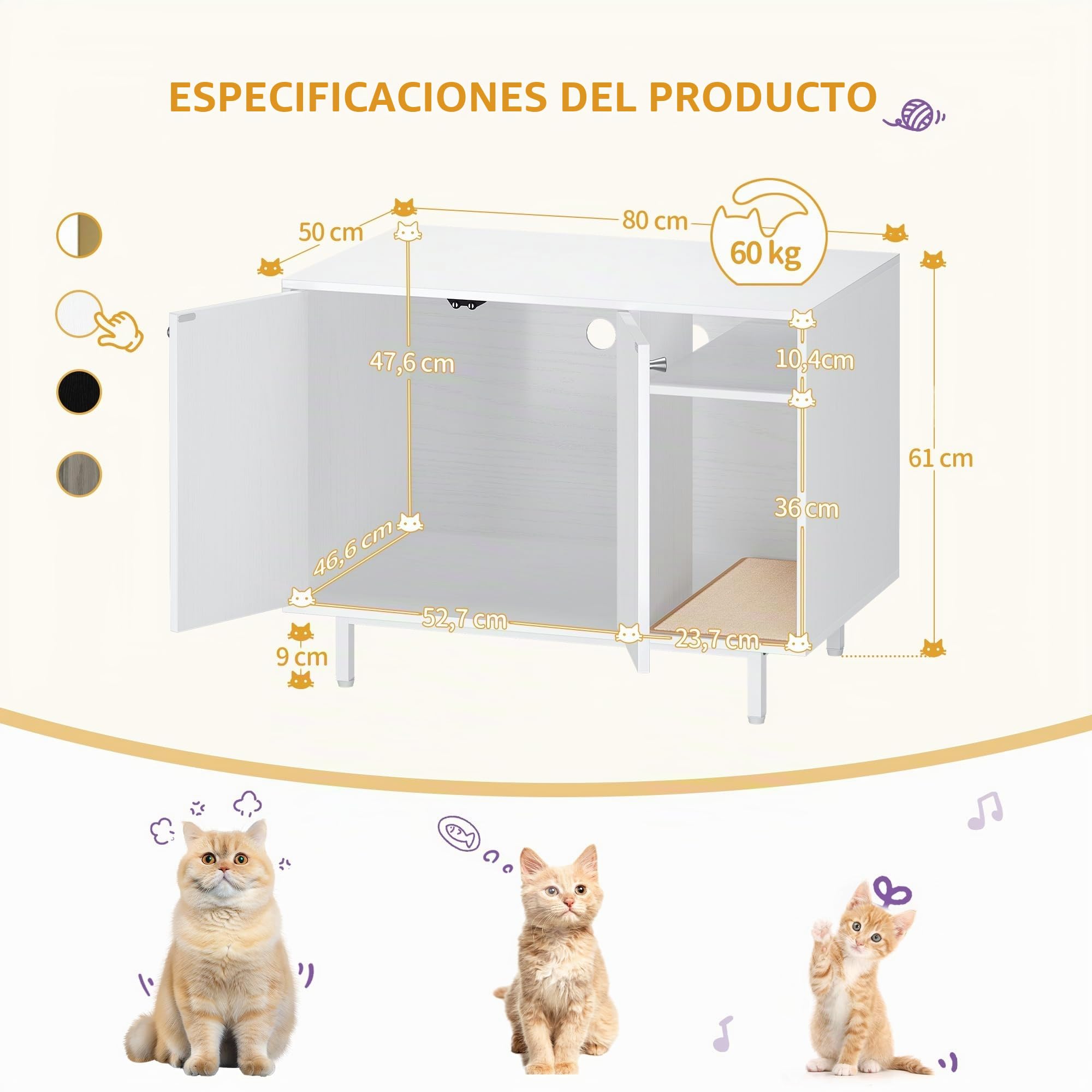 Hzuaneri Armario para Gatos, Mueble Arenero Gatos, Caja de Arena, Mueble Arenero, Casa para Gato con Puerta y Divisor Separado, 50 x 80 x 61 cm, Piernas Altas, Blanco CB01513W
