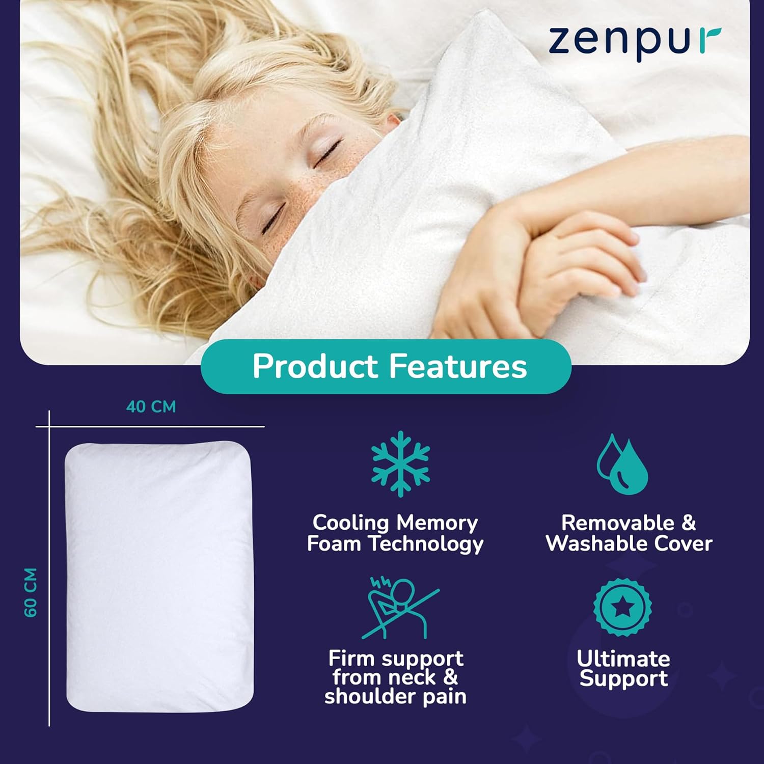 ZenPur Memory Foam Pillow - Orthopedic Pillow for Neck Support Perfect for Side Sleeper - Bed Pillow with Bamboo Cover, Oeko-Tex & CertiPUR-US Certified - 10 Years Warranty