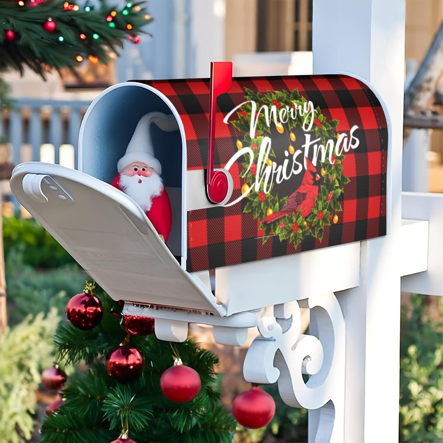 Merry Christmas Magnetic Mailbox Cover - Winter Xmas Wreath Red Buffalo Plaid Garden Yard Home Decor Outdoor Farmhouse Standard 21" L x 18" W