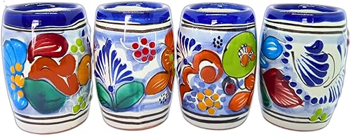 Juego de 4 vasos de chupito de cerámica Talavera auténticos vasos de chupito de tequila mexicano - Pintados a mano - 2 oz (barril de flores)