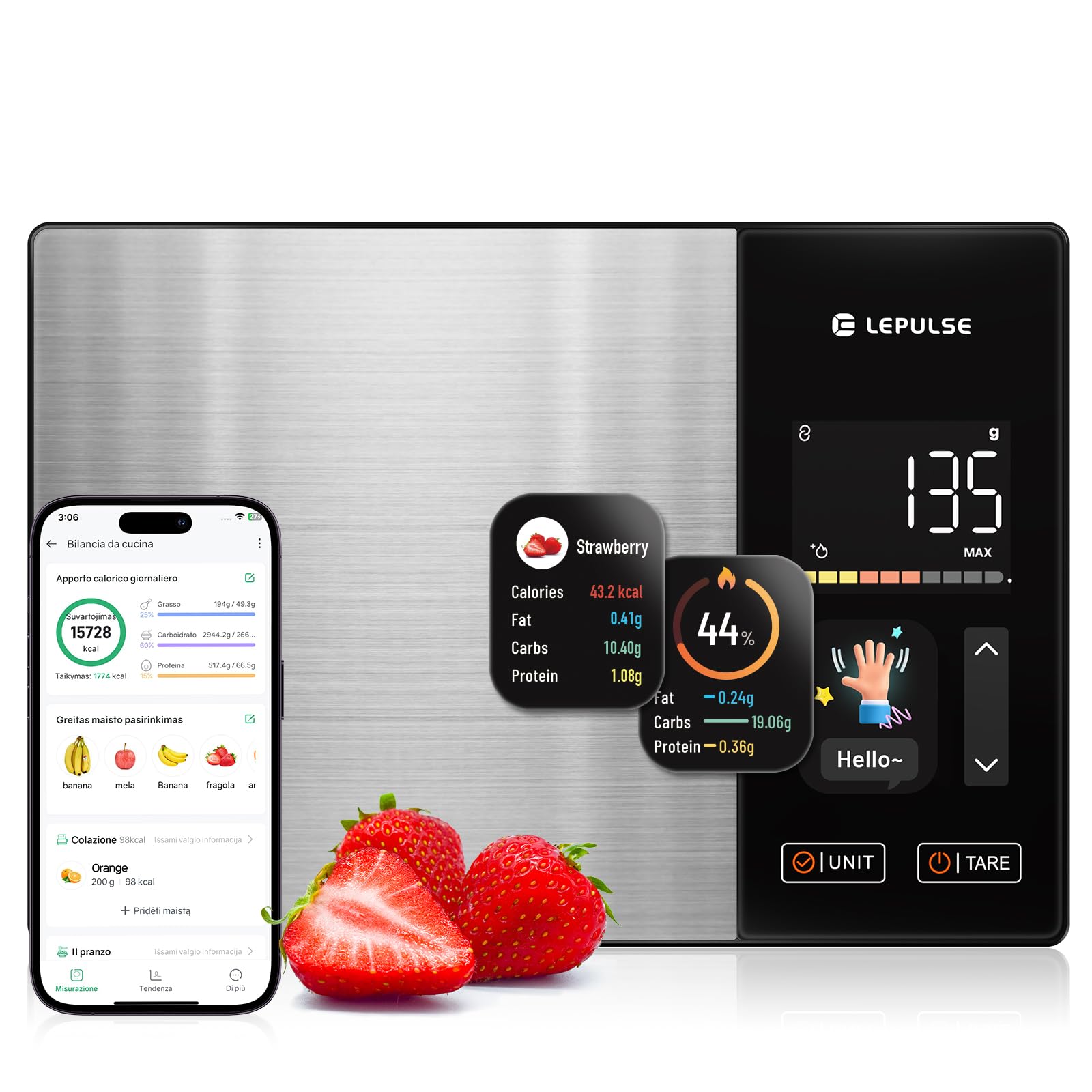 Bilancia da cucina digitale con calcolo nutrizionale, bilancia alimentare con 24 analisi nutrizionali, 5 kg in acciaio inox, display a colori TFT, 50 offline e analisi calorie illimitate tramite app