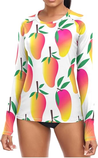 DOMIKING Fresh Mango Leaves White Womens Long Sleeves Rashguard Swim Shirt UPF 50+ Bathing Suits for Swiming Hiking Workout