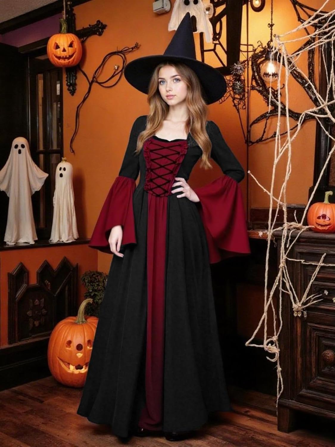Womens Gothic Witch Dress, Halloween Lace Up Hooded Costume Medieval Vampire Sorceress Cosplay Dresses - Image 5