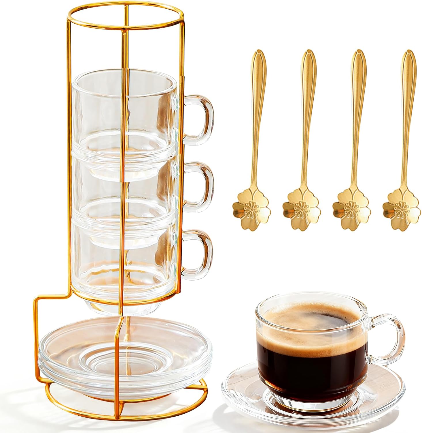 5.4 oz Espresso Cups Set of 4,Clear Glass Coffee Cups with Saucers Spoons and Cup holder,Stackable Small Cup for Espresso,Latte,Cappuccino,Tea(clear)