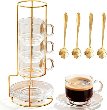 5.4 oz Espresso Cups Set of 4,Stackable Glass Coffee Cups with Cup Holder | with Saucers Spoons,Clear Tea Cup Espresso Cups Set for Home Office Break Room Tea Party