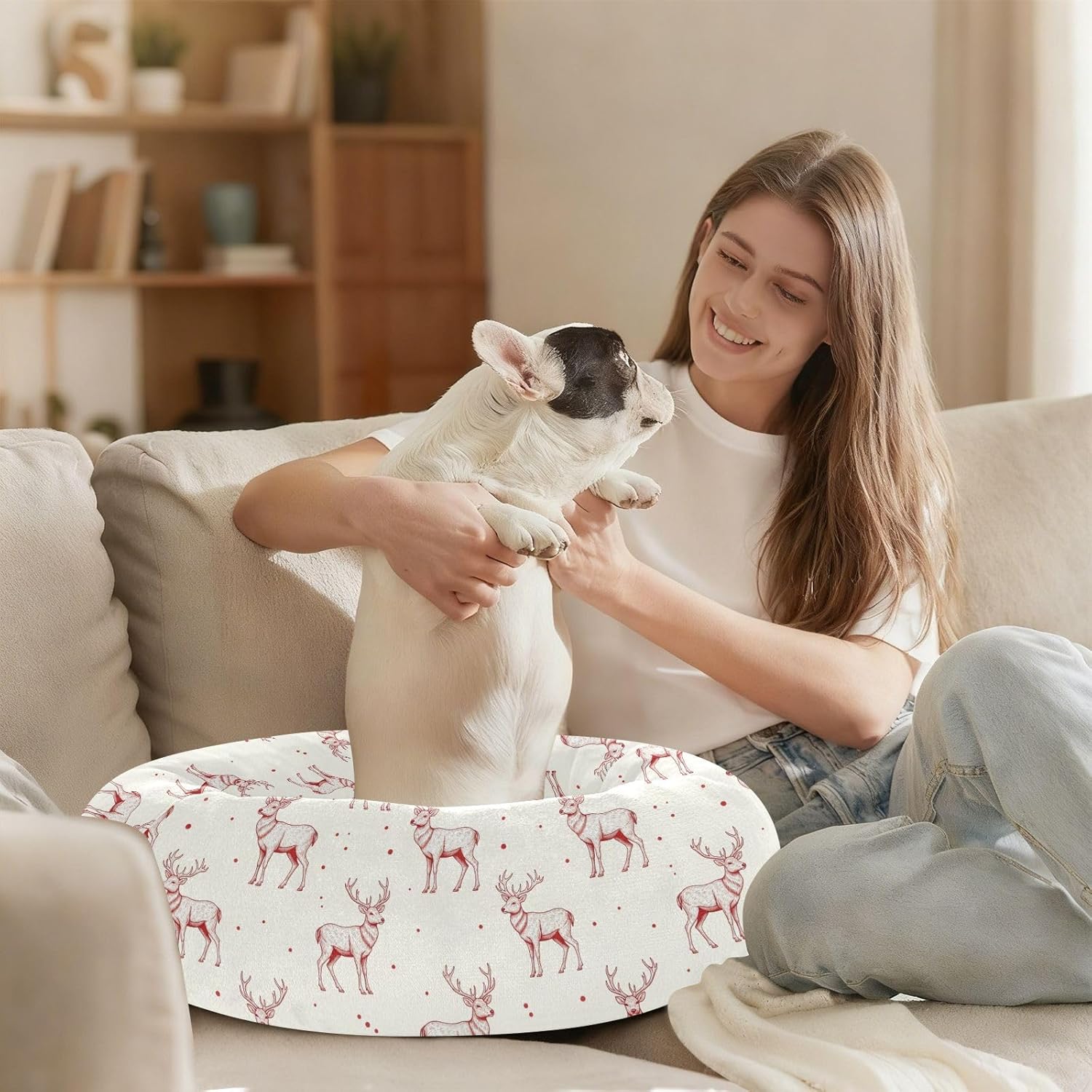 Christmas Deer Dots White Pattern Dog Bed Round Donut Washable Puppy Cat Bed Small Pet Medium Dog Beds Mat for Small Medium Dogs Cats Indoor,M