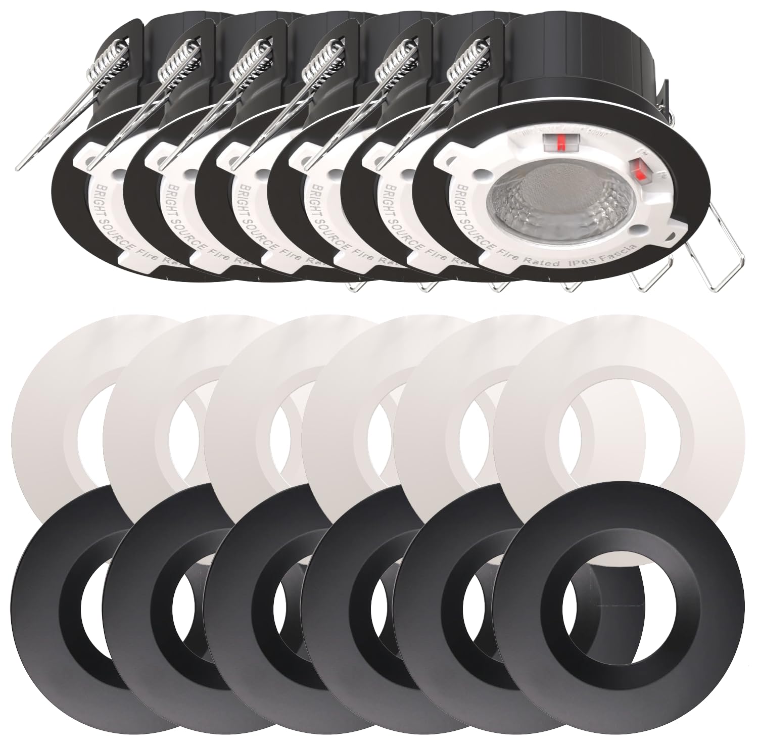 Bright Source All in One Switchable Wattage 4W/6W Integrated LED Downlight, White & Gunmetal Grey Bezel Bundle, TRIAC Dimmable, Adjustable Colour 2700K 3000K 4000K 6000K, IP65, Fire Rated, 6 Pack