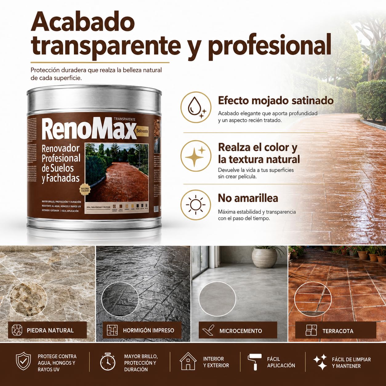 Renomax - Resina Hormigon Impreso y Superficies Porosas Al Disolvente, 15L Cubre hasta 150m² | Repara, Protege y Embellece Suelos y Fachadas | Resina Hormigon Fácil de Aplicar, Garantía 5 Años