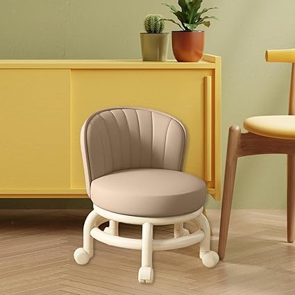 MORPICH Low Rolling Stool with Backrest, Small Roller Stool with Wheels, Short Roller Seat Chair, 360? Rotating Pedicure Stool for Home,Leather Little Low Small Stools On Wheels (Beige)
