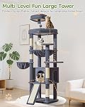Taoqimiao 72IN=183CM Arbre de chat pour grands chats, Tour de chat multi-niveaux, Condo de chat élargi avec grande planche à gratter, 5 Postes de scratching, Hammcock en métal, Panier cozy, Gris fumé, MS045G