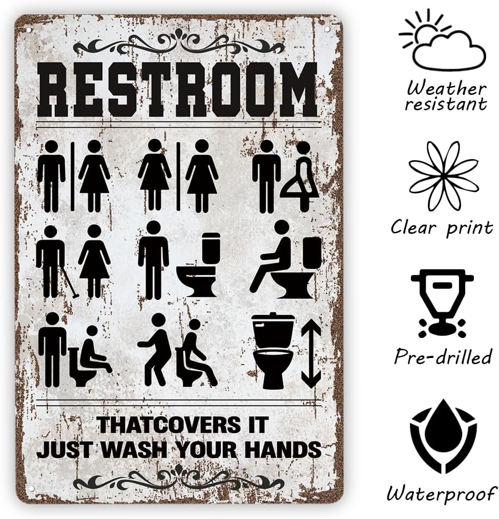 Funny Vintage Metal Tin Signs, Funny Door Sign, Restroom Door Sign, Antique Bathroom, Bathroom Phylum Decor, Restroom Thatcovers It Just Wash Your Hands, Housewarming Gift, 11.8 * 7.9Inch image 3