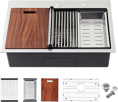 28 inch Drop-In Workstation Sink 18 Gauge 304 Stainless Steel 2-Hole | 28"x18" Kitchen Sink | Drop in Sink | Single Bowl | Topmount | Roll-up Rack + Grid Mat | Cutting Board + Colander | Brushed