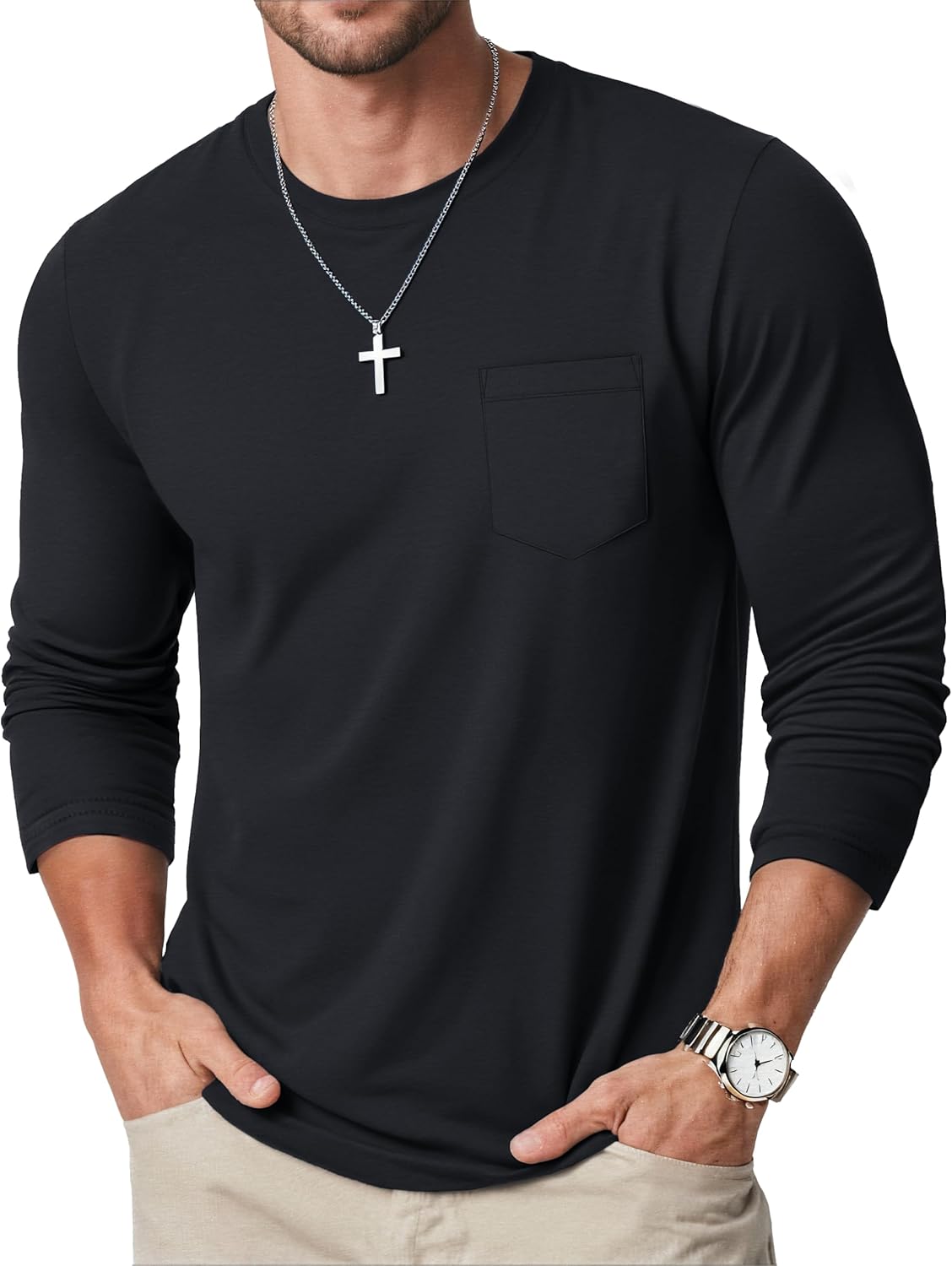 MAGCOMSEN Men’s Long Sleeve Shirt with Pocket Cotton Crew Neck Shirts Casual Lightweight T-Shirt