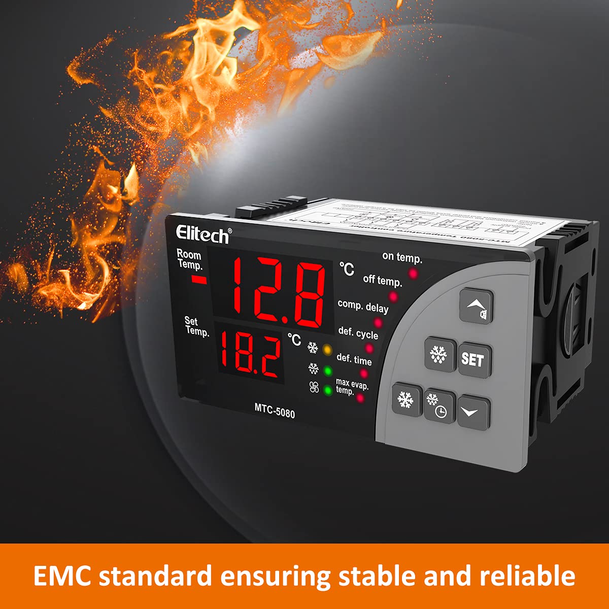 Elitech MTC-5080 thermostat in a setting with fiery background, symbolizing EMC standard for stable and reliable performance.