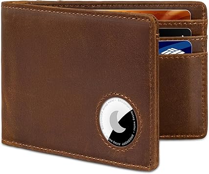 Mens RFID Blocking Bifold Wallet Genuine Leather with AirTag Holder Cash Slots ID Window & Slim Design Brown