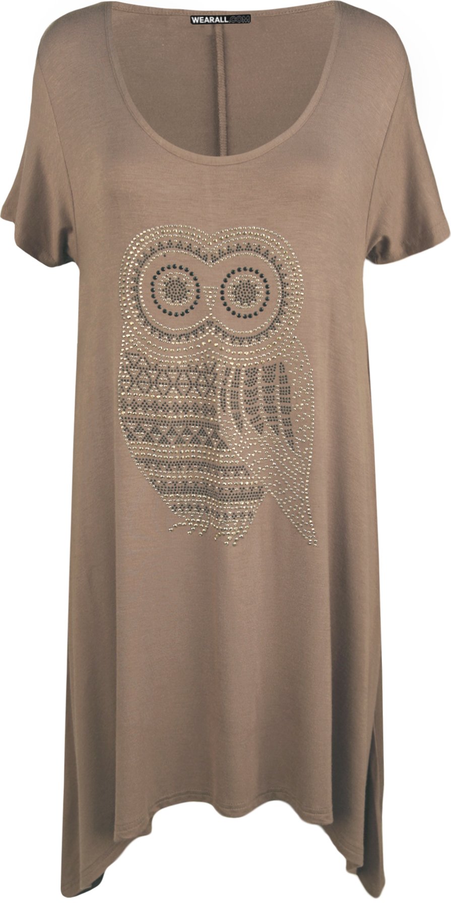 WearAll Plus Size Womens Owl Diamante Stud Short Sleeve Ladies Hanky Hem Top - Mocha - 26-28