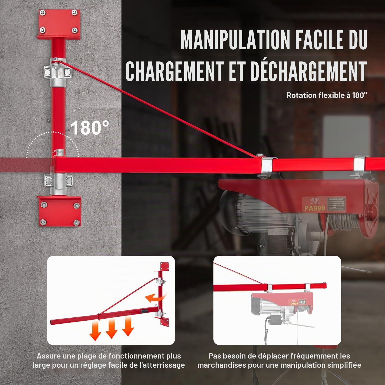 VEVOR Bras de support de palan électrique, capacité de charge 600 kg, bras pivotant de support palan avec poteau, cadre de palan acier, bras de levage de palan d'échafaudage 180° pour atelier, garage