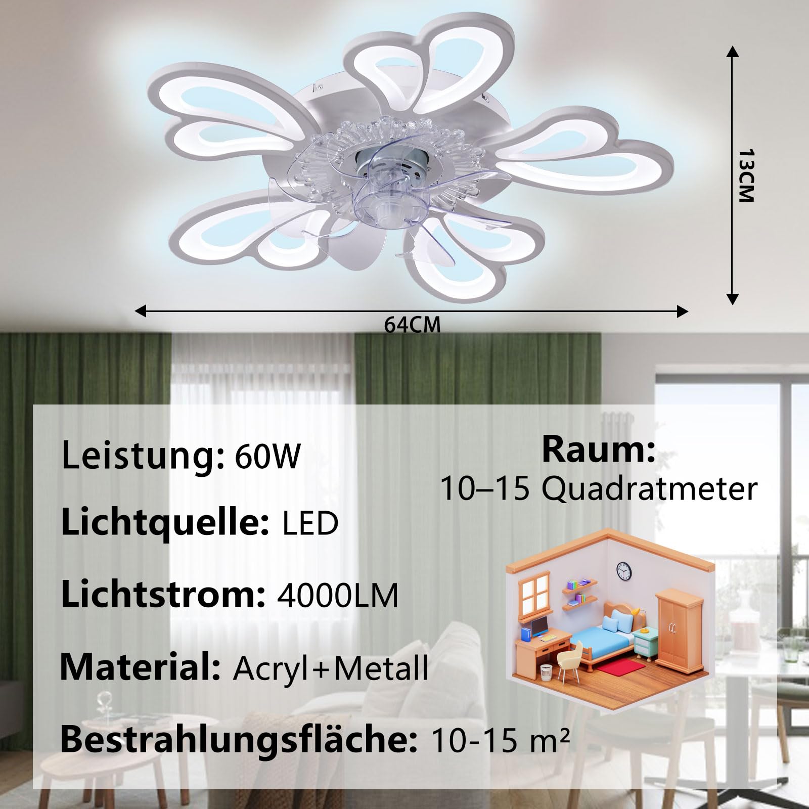 MiiR Leise Deckenventilator Mit Beleuchtung, LED 50W Dimmbare Deckenlampe Mit Ventilator Mit Fernbedienung Und APP, 6-stufige Windgeschwindigkeit Deckenleuchte Für Schlafzimmer Wohnzimmer Lampe