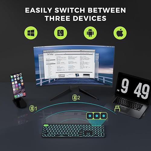 Miniatura 2 de seenda Teclado Bluetooth retroiluminado (USB + Dual BT), teclado recargable multidispositivo, retroiluminación inalámbrica Bluetooth, compatible con