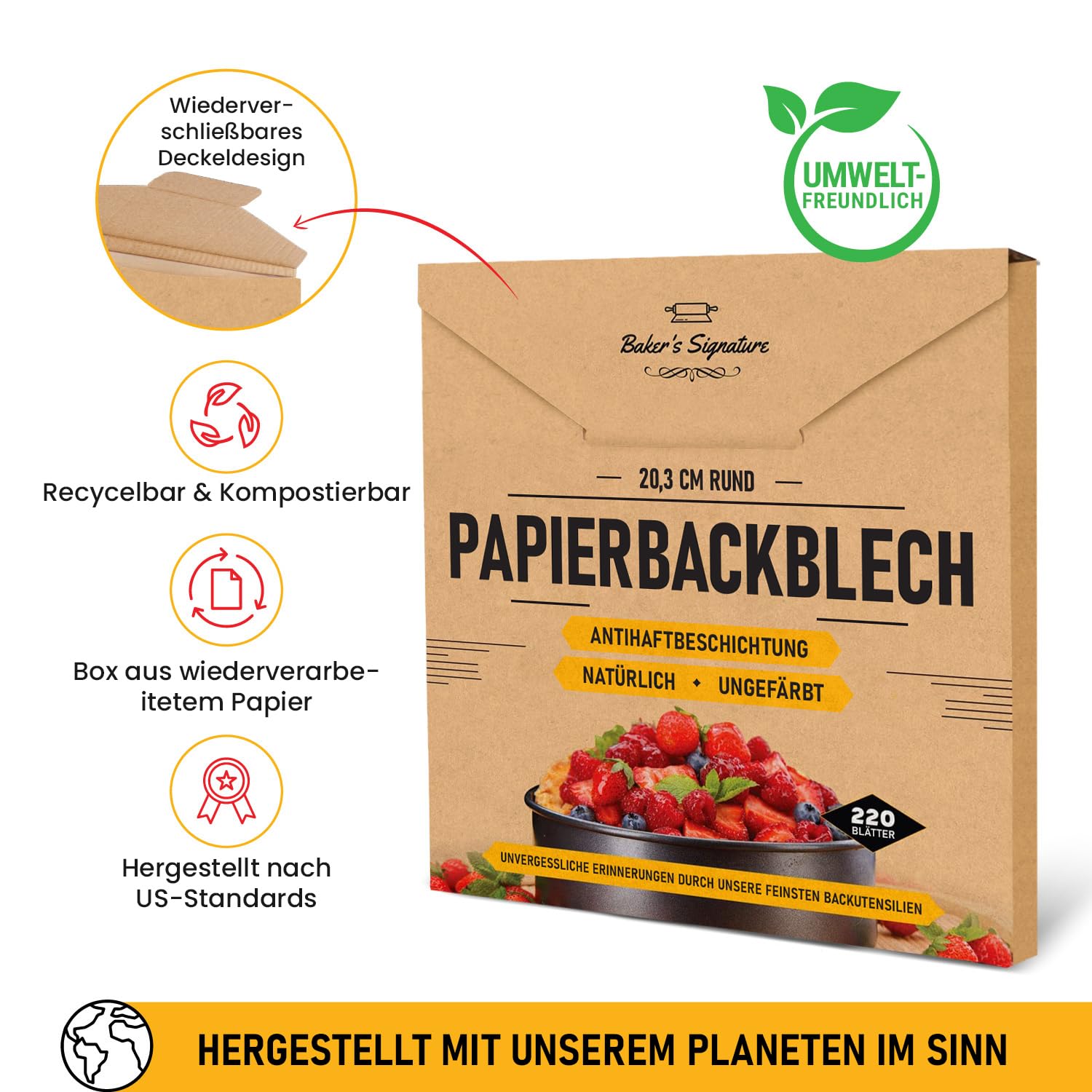 Backpapier Rund 20 cm, 220 Stück, Tortenpapier zum Backen | Ungebleichte Papiereinlagen, passen auf 20 cm Springform und Pfanne; ideal zum Kochen und Braten