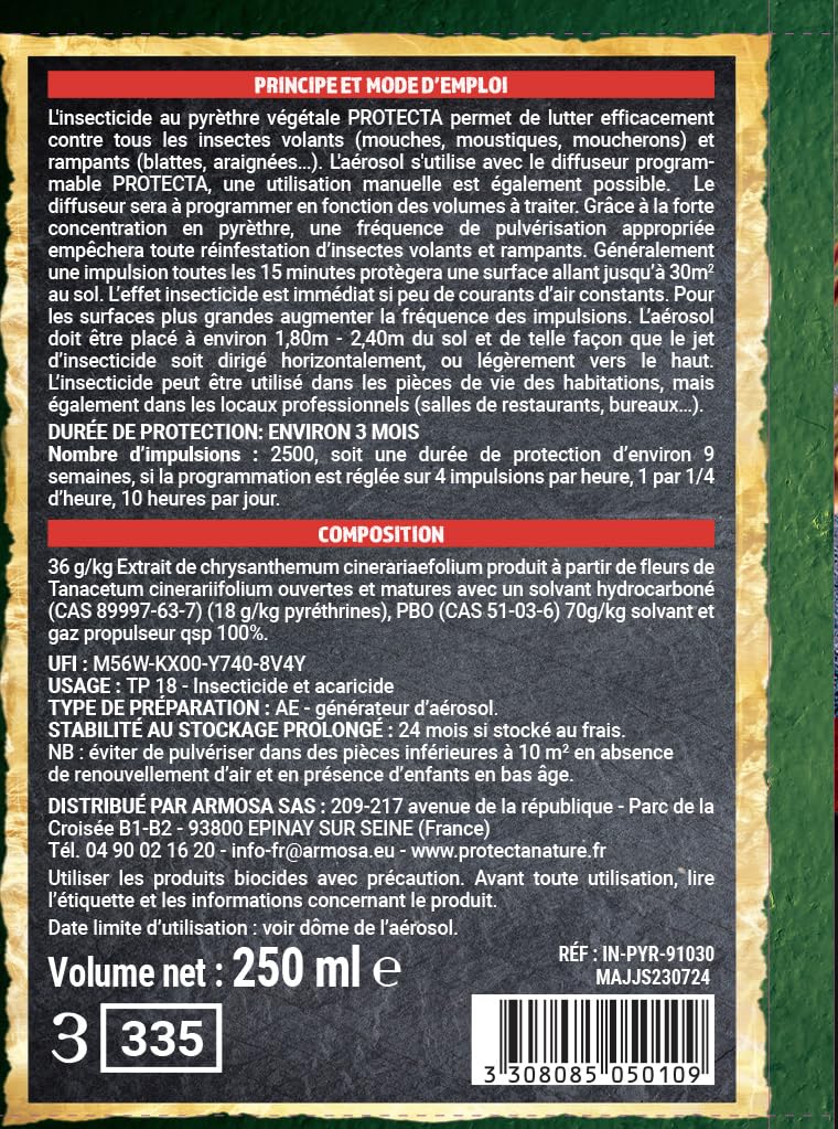 Protecta - Protecta® - Aerozol środek owadobójczy 250ml - Przeciw komarom, muchom i owadom pełzającym i latającym - Złocień roślinny - Efekt wstrząsu i przeciw reinfestacji - Wyprodukowano we Francji