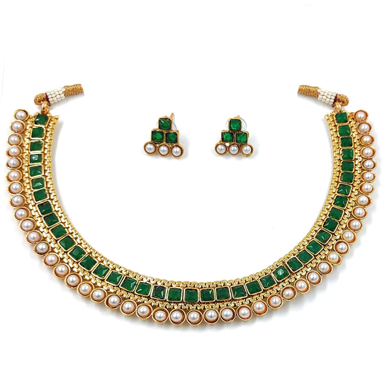 Aheli Gargantilla de perlas Kundan de imitación étnica para novia, juego de joyas tradicionales indias de Bollywood con aretes para mujeres y niñas (verde)