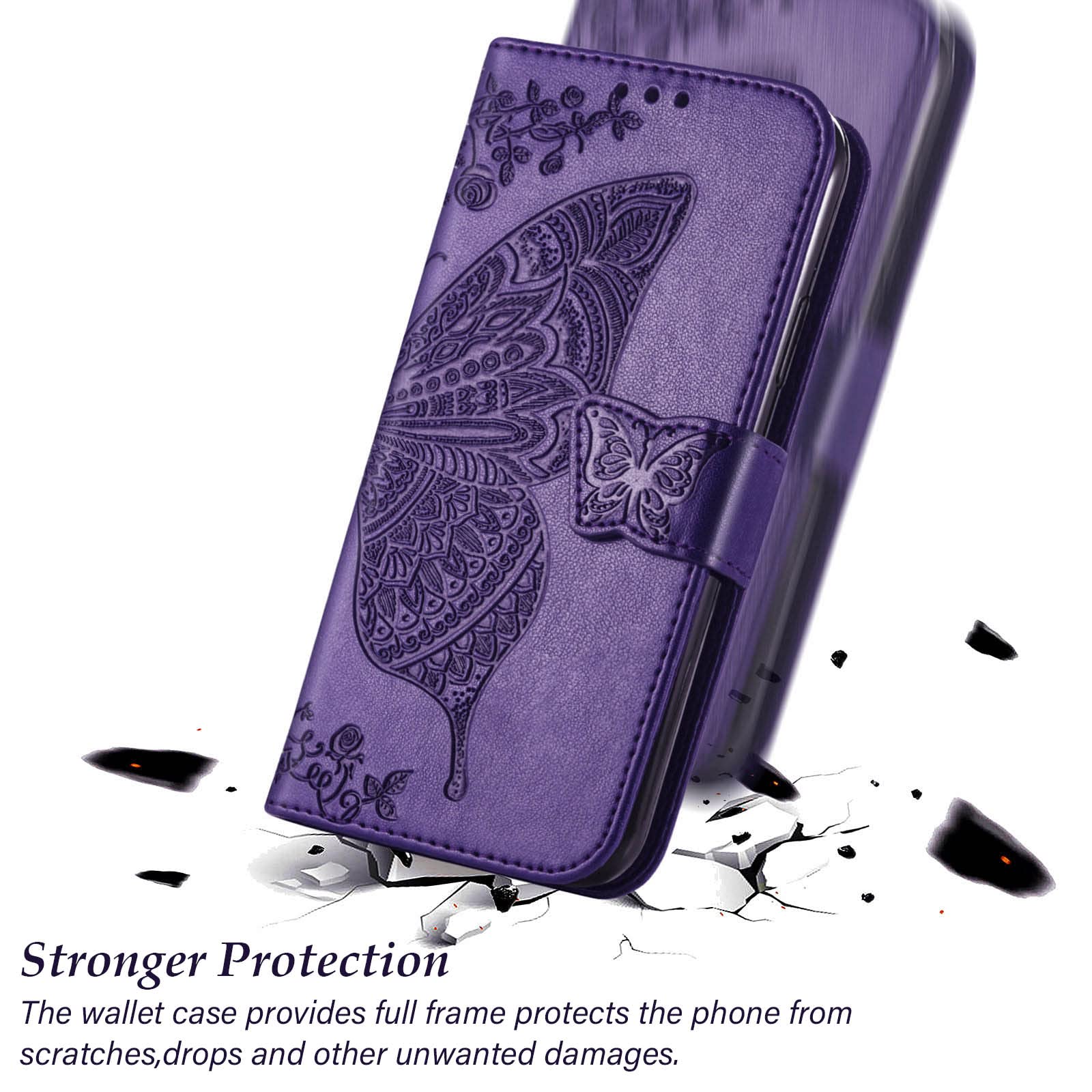 for Galaxy A16 5G Phone Case Wallet,Women Flip Cover with Credit Card Holders Butterfly Embossed PU Leather Stand Wrist Strap Purse Protective Case (Purple)