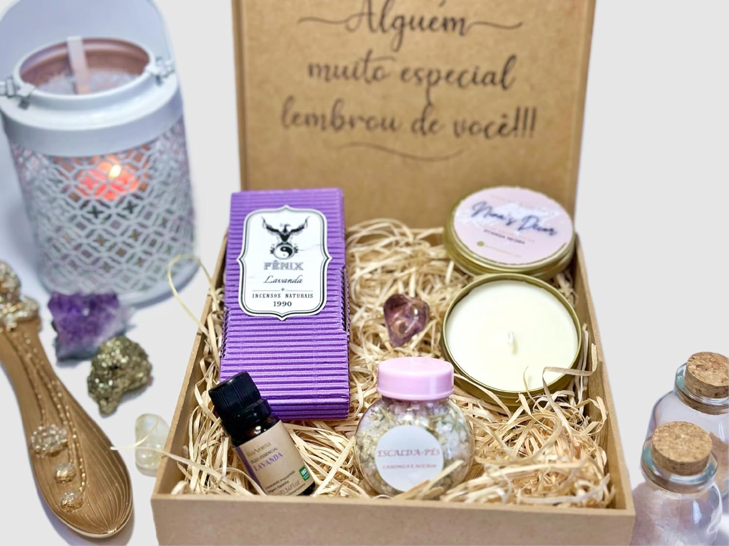 A&D Gift Box Cesta de Presente Calmaria Kit presente Incenso Vela Escalda Pés Óleo Essencial Aniversário Homem Mulher Dia dos Pais Dia das Mães Natal (5 Unidades)