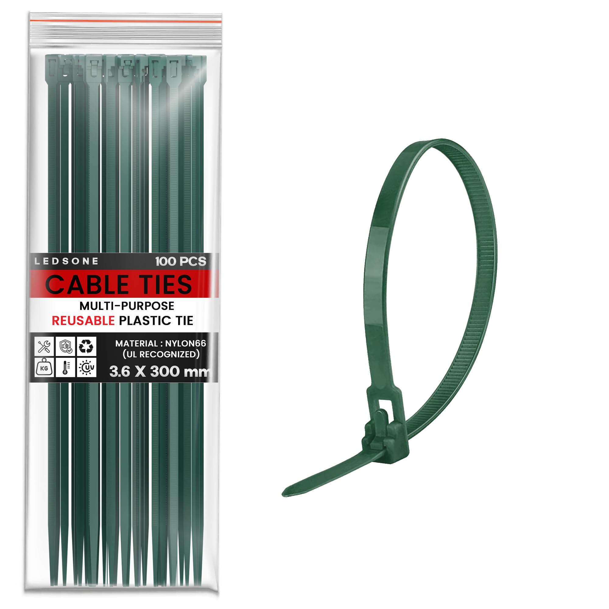 LEDSone 100 Pcs of 150mm x 36mm Reusable Cable Ties, Heavy Duty with 40lbs Tensile Strength Green Releasable Adjustable Cable Ties, 6" Premium Tie Wraps, Strong Nylon Zip Ties (3.6mmx300mm)