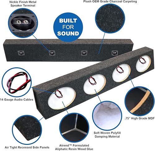 Vista 5 de Atrend Bbox Quad - Caja de altavoces sellados descargados de 6 x 9 pulgadas, carcasa en ángulo MDF premium para cuatro altavoces de 6 x 9 con cables