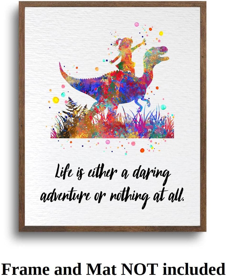 Dignovel Studios 11X14 Unframed Girl Riding a Dinosaur Life is Adventure Inspirational Quote Positivity Affirmation Watercolor Art Print Poster Wall Hanging Decor DN873