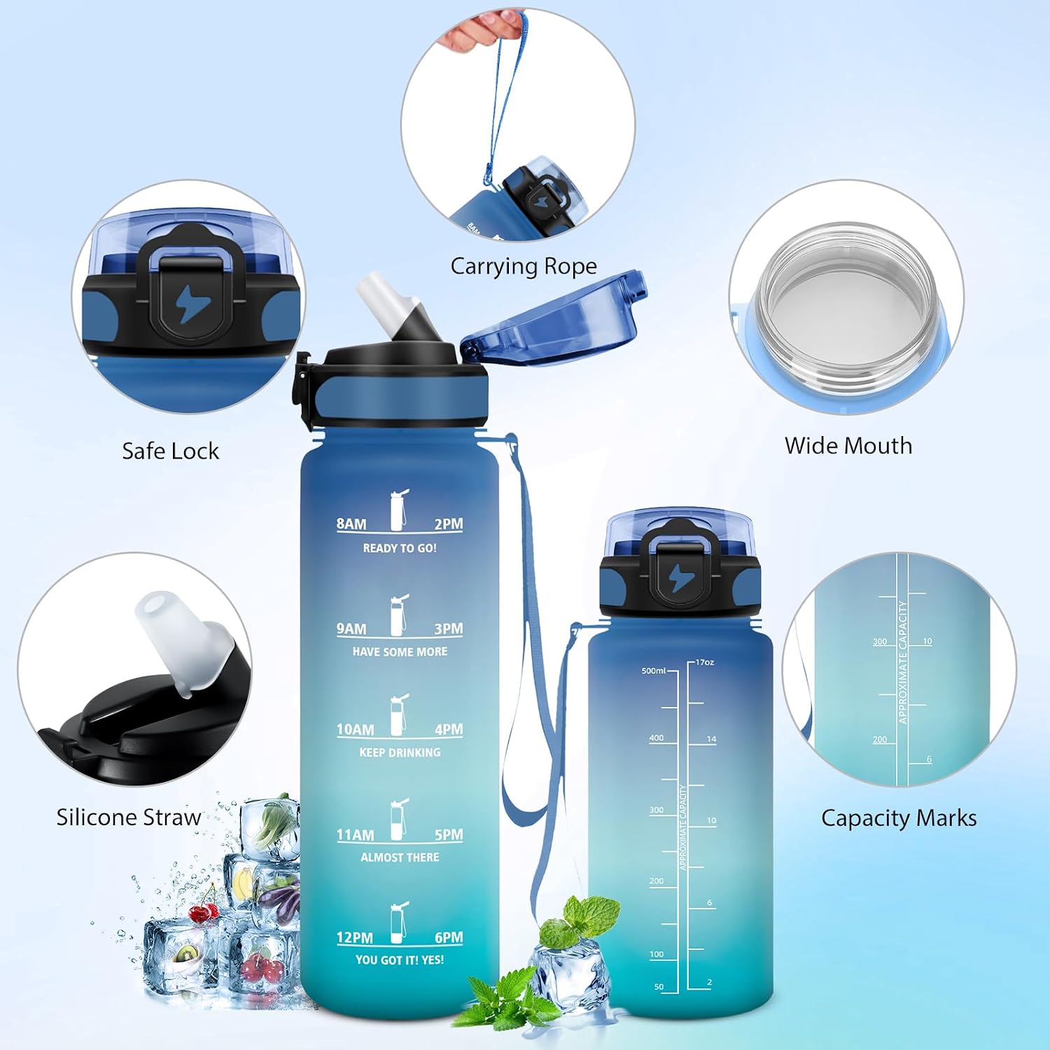 Grsta Water Bottle 1 L, Sports Water Bottle for Adults, Water Bottle with Straw, Easy to Clean, Water Bottle with Time Marking, Water Bottle for Fitness, Hiking, Camping, Outdoor