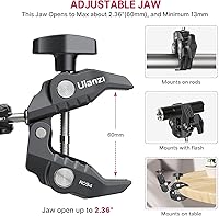 Vista 6 de ULANZI Super Clamp - Soporte de abrazadera para cámara monitor de 360°, brazo mágico, adaptador de cabezal de bola doble con rosca de 1/4"-20