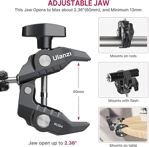 Miniatura 6 de ULANZI Super Clamp - Soporte de abrazadera para cámara monitor de 360°, brazo mágico, adaptador de cabezal de bola doble con rosca de 1/4"-20