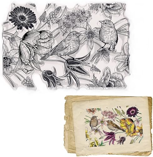 Miniatura 10 de ALIBBON 2 sellos transparentes de pájaros sobre flores para hacer tarjetas y decoraciones de álbumes de fotos, sellos de pájaros de primavera, fondo
