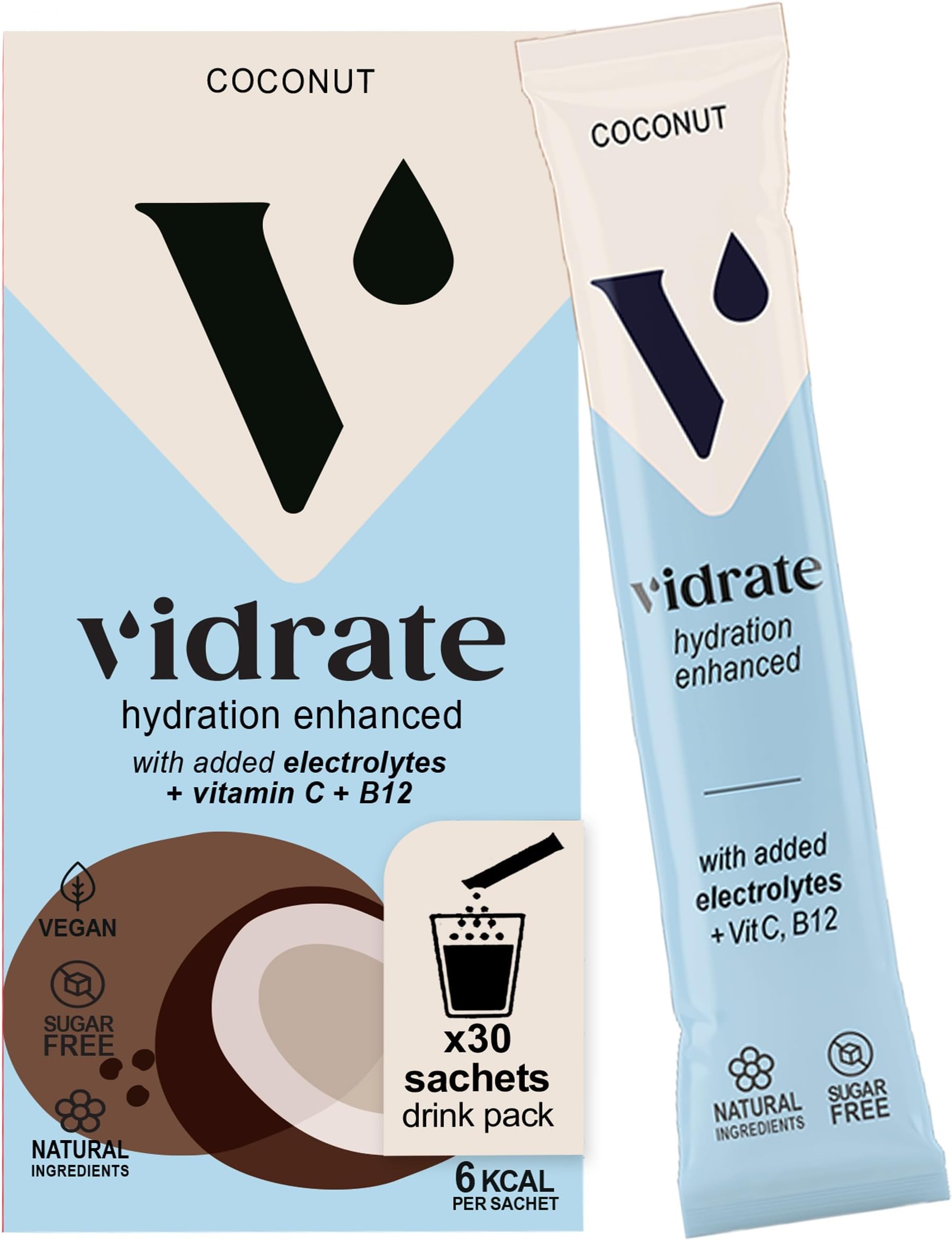 Vidrate Electrolytes Powder - Hydration Sachets Packed with Vitamins - Zero Sugar Rehydration Sachet with No Artificial Sweeteners & Preservatives - Coconut Large Pack, 30 Electrolytes Sachets