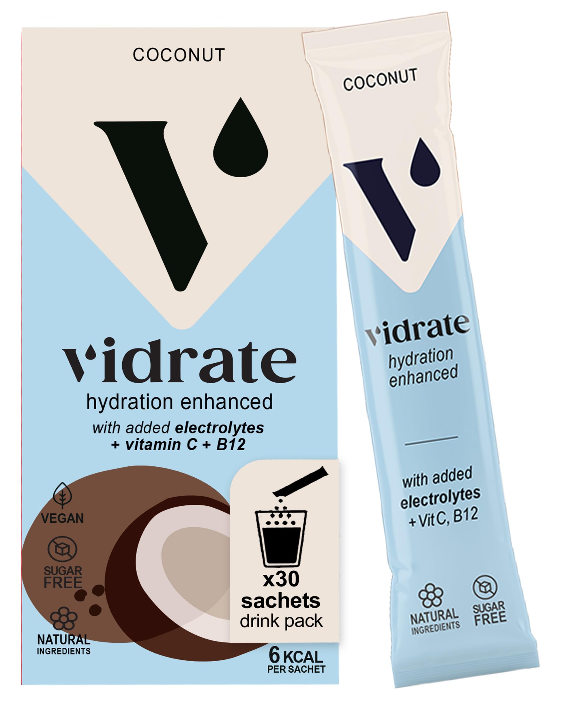 Electrolytes Powder - Hydration Sachets Packed with Vitamins - Zero Sugar Rehydration Sachet with No Artificial Sweeteners & Preservatives by ViDrate - Coconut Large Pack, 30 Electrolytes Sachets
