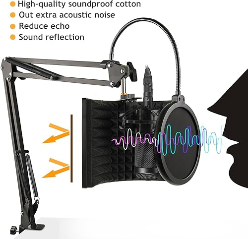 Miniatura 4 de Escudo de aislamiento de micrófono con soporte de micrófono y filtro pop, escudo de sonido plegable para la mayoría de equipos de grabación de