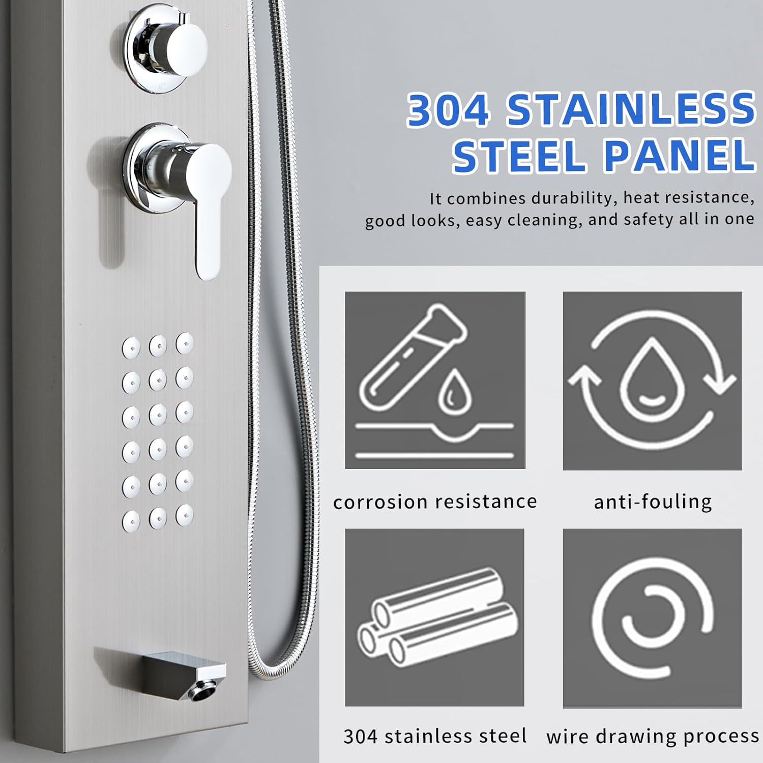 Shower Panel Tower System 5-in-1 Shower Panel Tower with Powerful Body Massage, Rainfall, Waterfall,Handheld and Tub Spout, Stainless Steel Shower Column - Brushed Gray