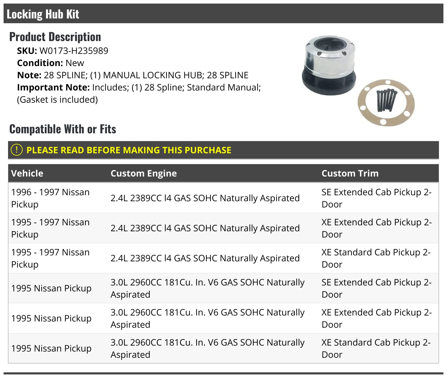 Amazon.com: Manual Locking Hub Kit - 28 Spline - Compatible with