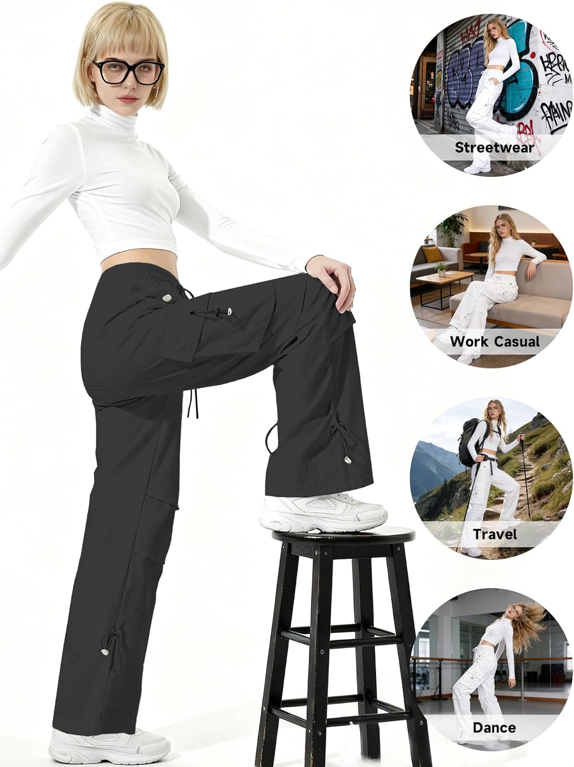 SANGTREE Women's Parachute Pants Drawstring Baggy Cargo Pants Y2K Hip Hop Streetwear Rave Pants - Image 4