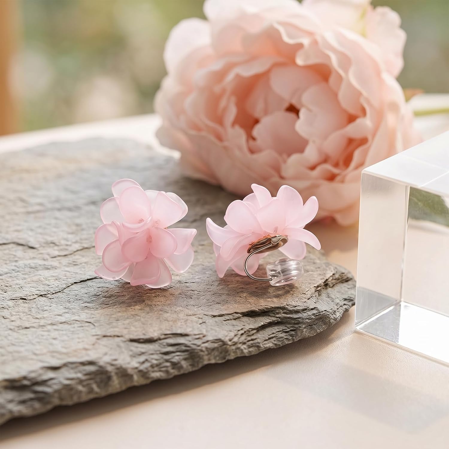 Flower Clip on Earrings, Pink Flower Earrings for Women, Cute Lovely Acrylic Flowers No Piercing Earring