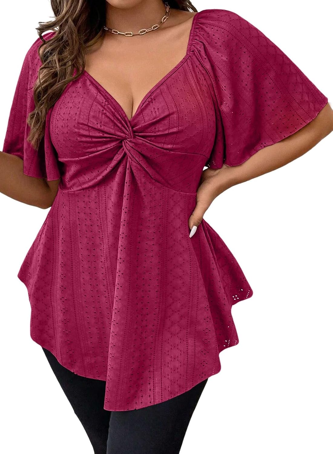 Eytino Womens Plus Size Tops Twist Front V Neck Short Sleeve Eyelet Embroidery Summer Loose Blouse Shirts(1X-5X)