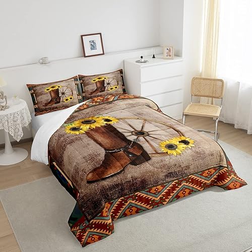 Miniatura 10 de Erosebridal Juego de edredón de vaquero, tamaño King, juego de ropa de cama retro con botas vaqueras, girasol, granja, piel de vaca, edredón de